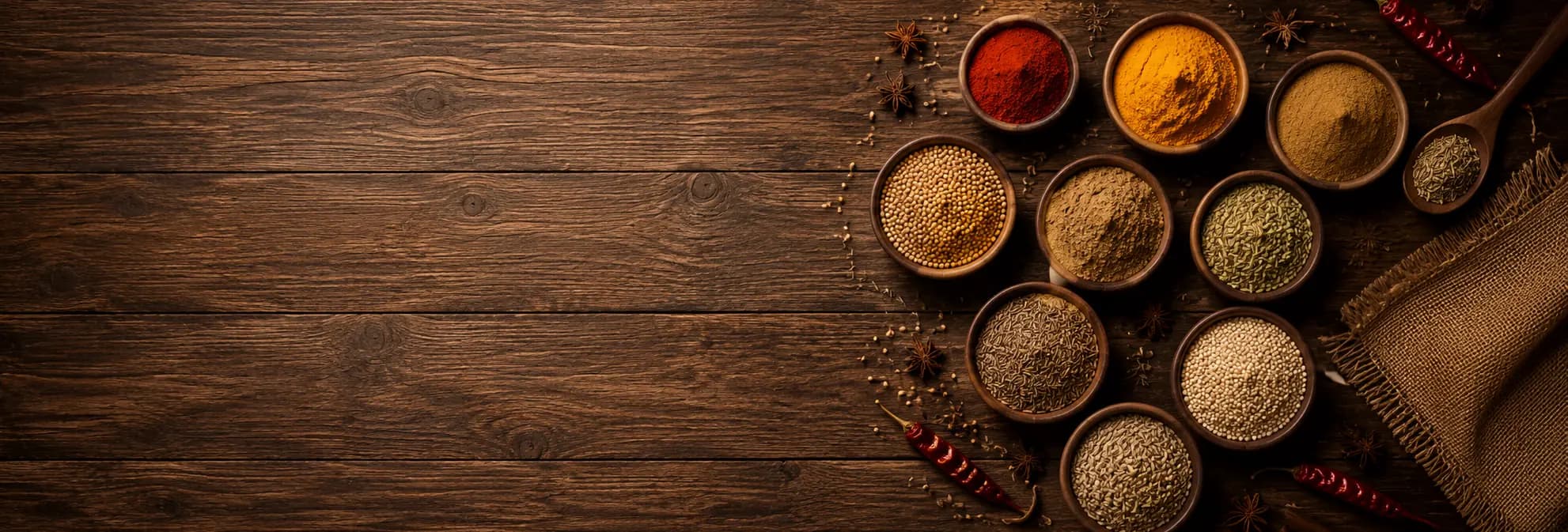 Madhavji spices in wooden bowls on a rustic dark wooden table